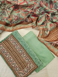 Chanderi with Kalamkari Unstitched Salwar Suit - Green with Brown