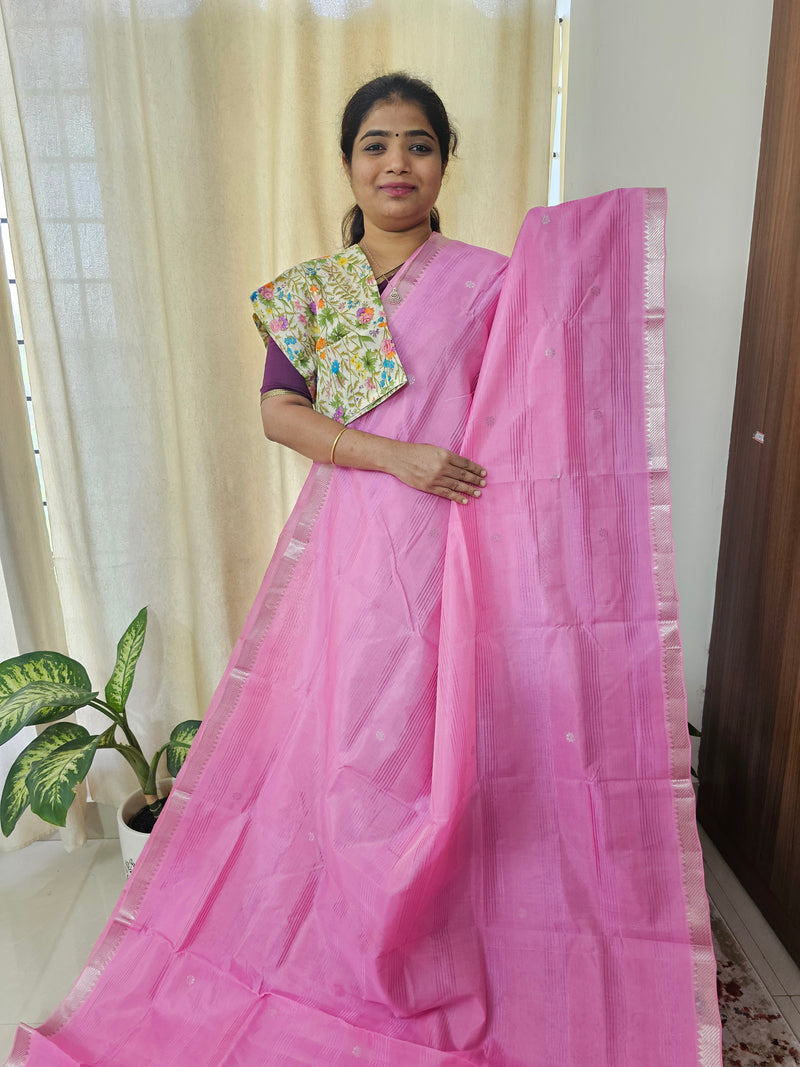 Handwoven Mangalagiri Pattu Saree with Floral Buttas - Pink with Sea Blue