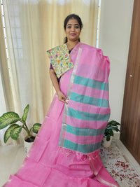 Handwoven Mangalagiri Pattu Saree with Floral Buttas - Pink with Sea Blue