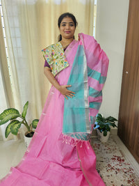 Handwoven Mangalagiri Pattu Saree with Floral Buttas - Pink with Sea Blue