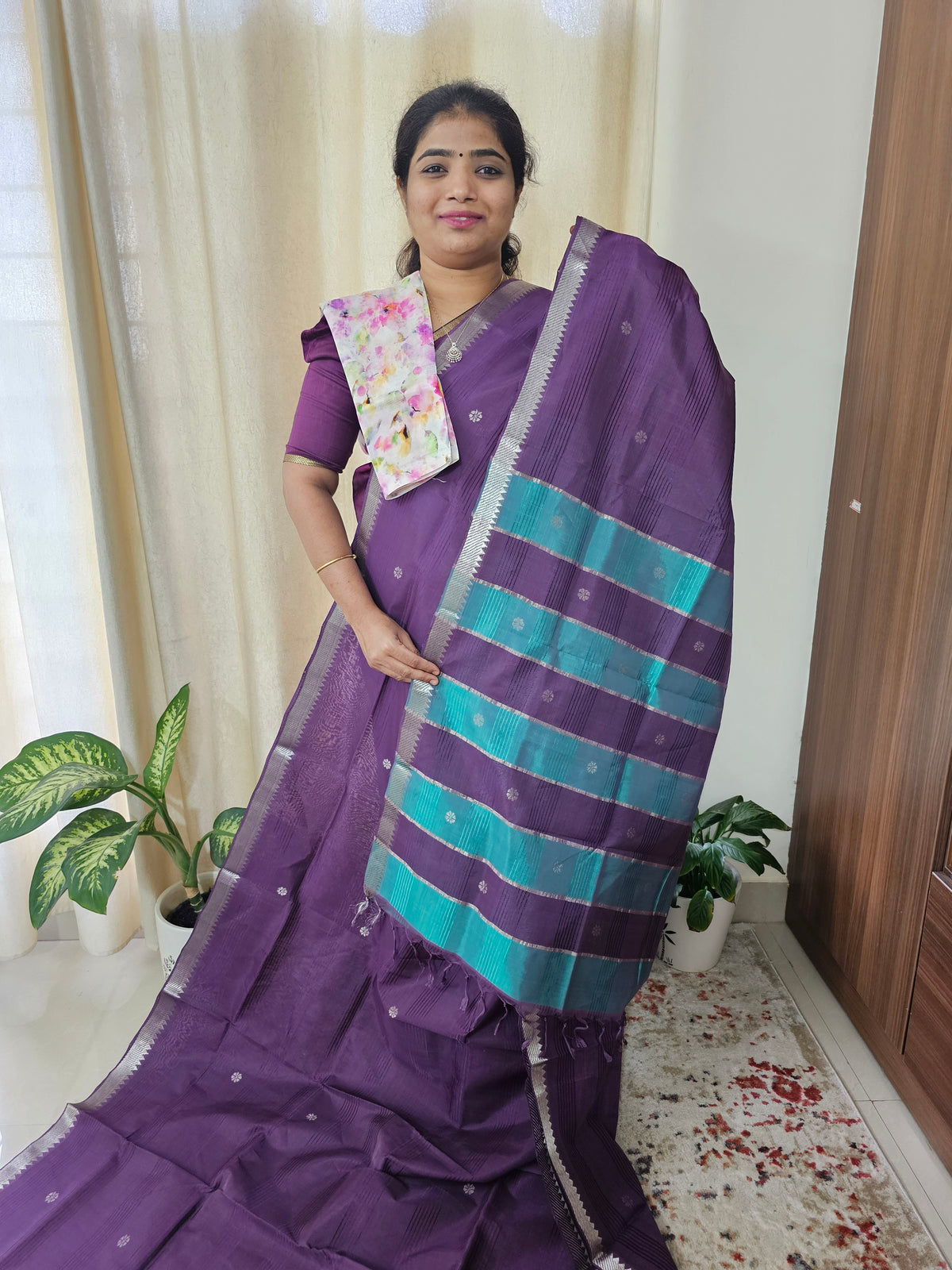 Handwoven Mangalagiri Pattu Saree with Floral Buttas - Dark Purple with Sea Blue