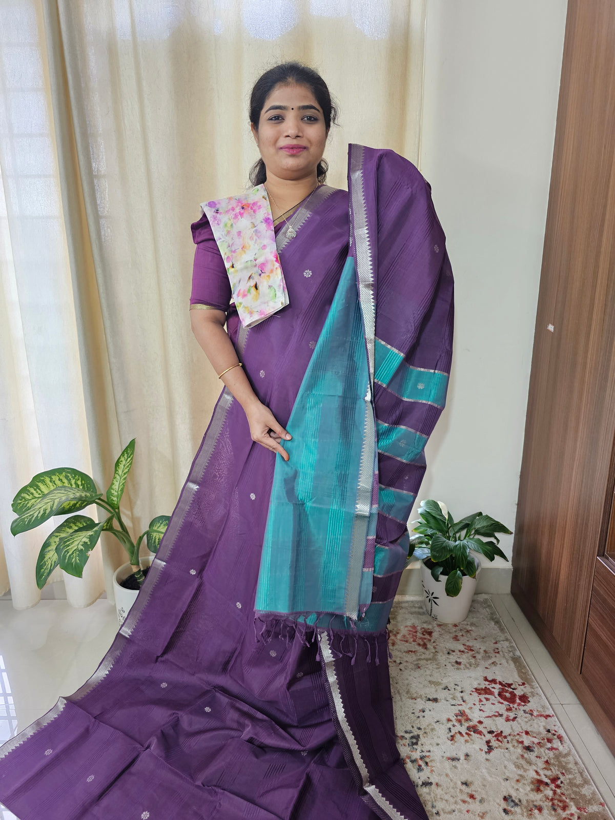 Handwoven Mangalagiri Pattu Saree with Floral Buttas - Dark Purple with Sea Blue