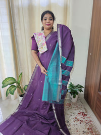 Handwoven Mangalagiri Pattu Saree with Floral Buttas - Dark Purple with Sea Blue