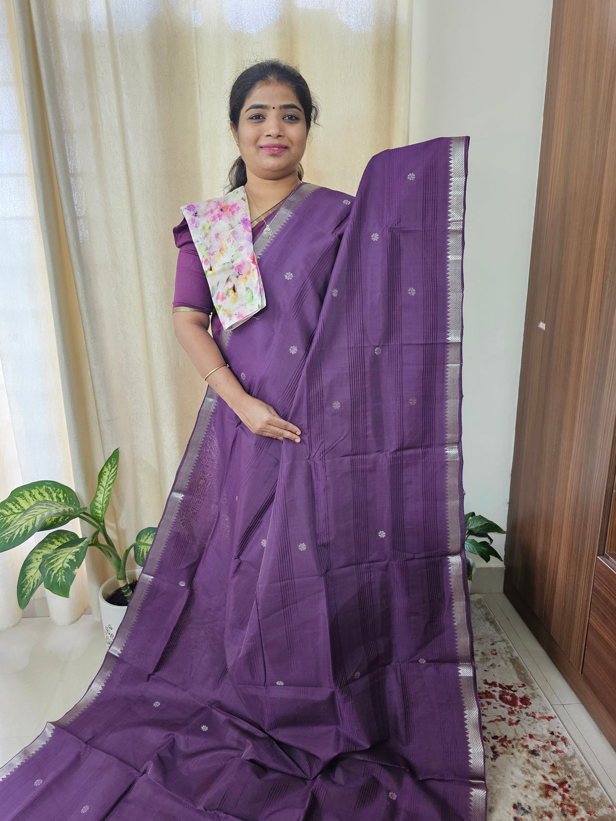 Handwoven Mangalagiri Pattu Saree with Floral Buttas - Dark Purple with Sea Blue