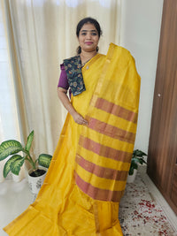 Handwoven Mangalagiri Pattu Saree with Floral Buttas - Yellow with Brown