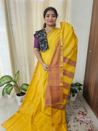 Handwoven Mangalagiri Pattu Saree with Floral Buttas - Yellow with Brown