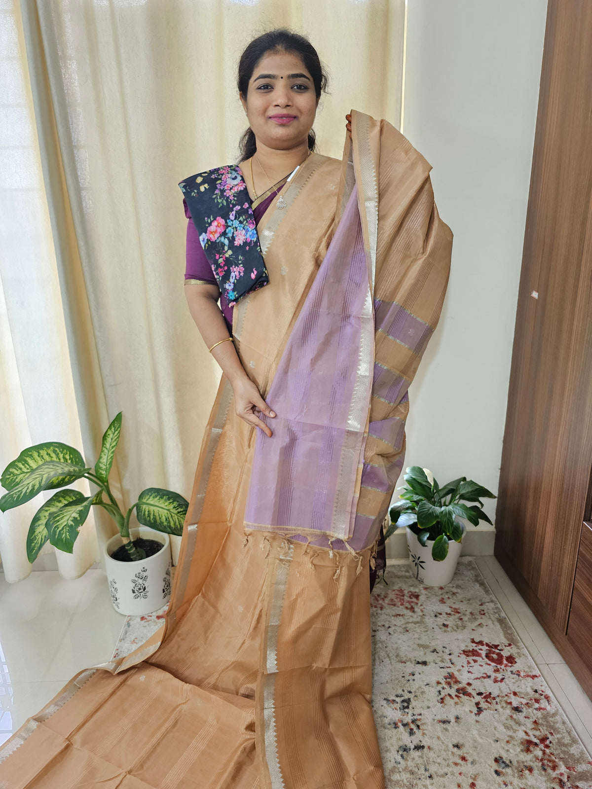 Handwoven Mangalagiri Pattu Saree with Floral Buttas - Beige with Lavender