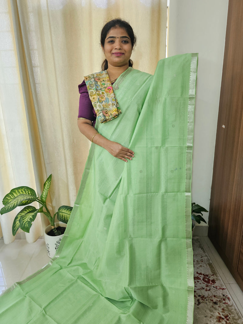 Handwoven Mangalagiri Pattu Saree with Floral Buttas -Green with Beige