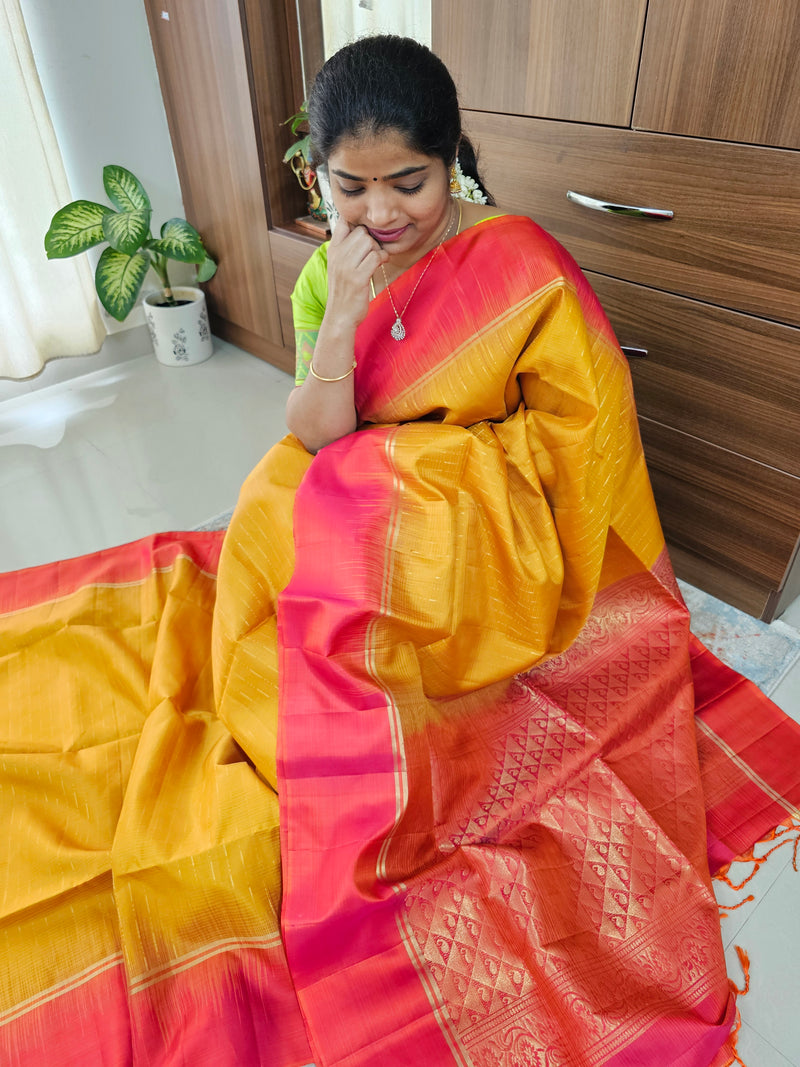 Handloom Pure Kanchi Silk Rain Drop Pattern - Mango Yellow with Pinkish Orange
