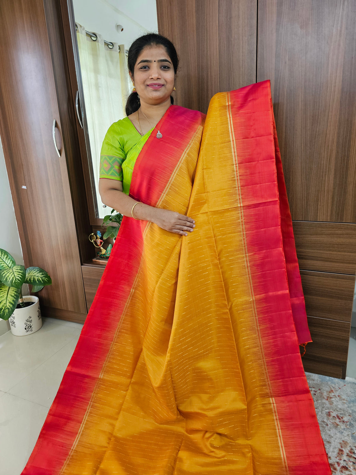 Handloom Pure Kanchi Silk Rain Drop Pattern - Mango Yellow with Pinkish Orange