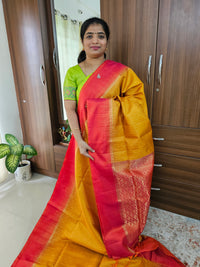 Handloom Pure Kanchi Silk Rain Drop Pattern - Mango Yellow with Pinkish Orange