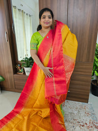 Handloom Pure Kanchi Silk Rain Drop Pattern - Mango Yellow with Pinkish Orange