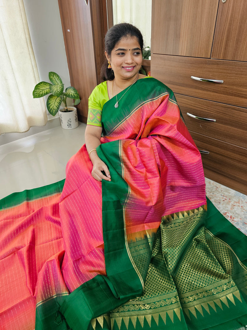 Handloom Pure Kanchi Silk Rain Drop Pattern - Peachish Pink with Green
