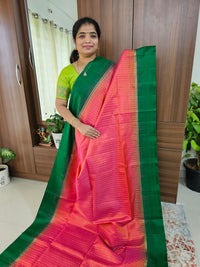 Handloom Pure Kanchi Silk Rain Drop Pattern - Peachish Pink with Green