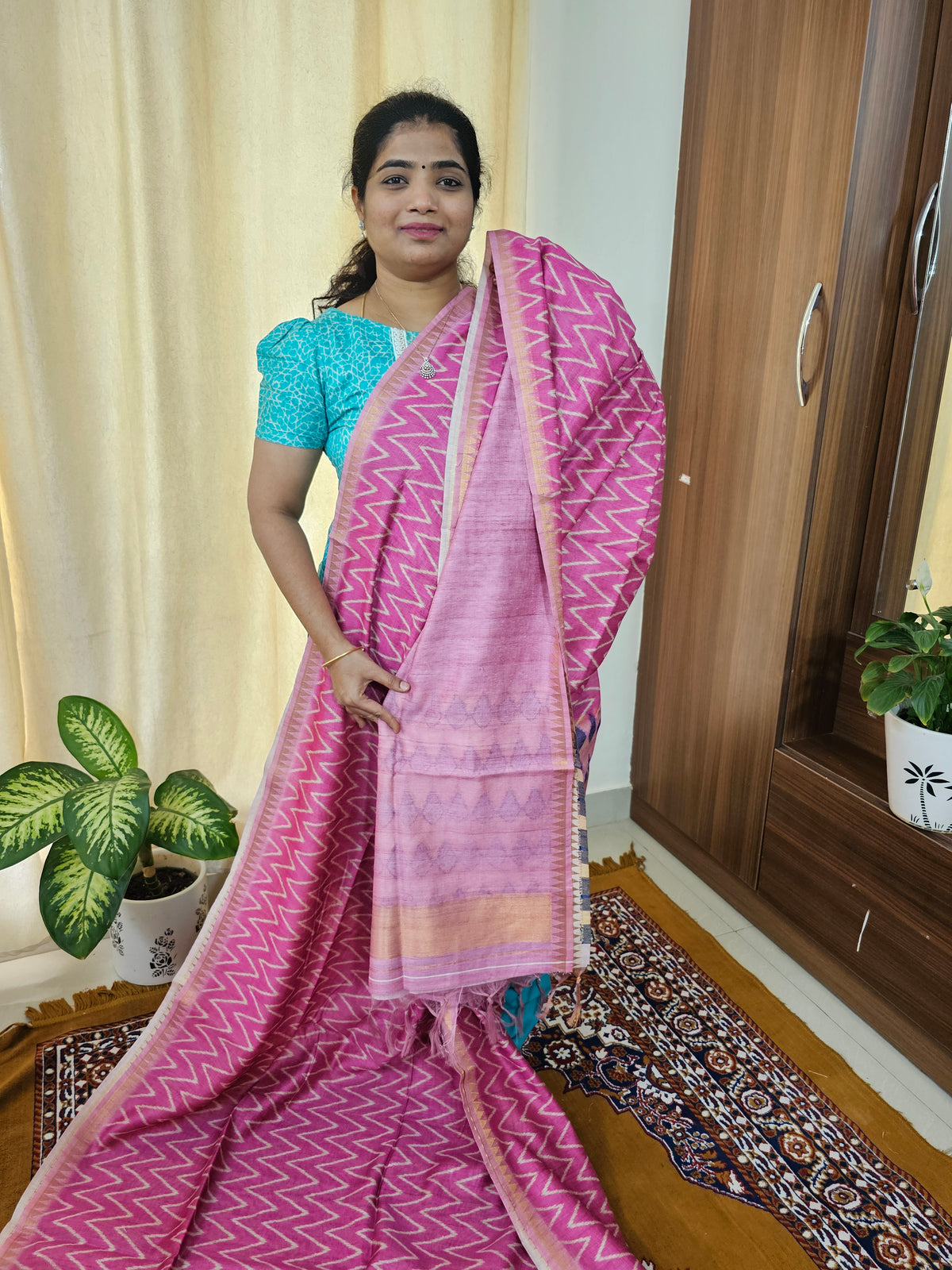 Soft Semi Tussar with Zari Weaving Border - Pink