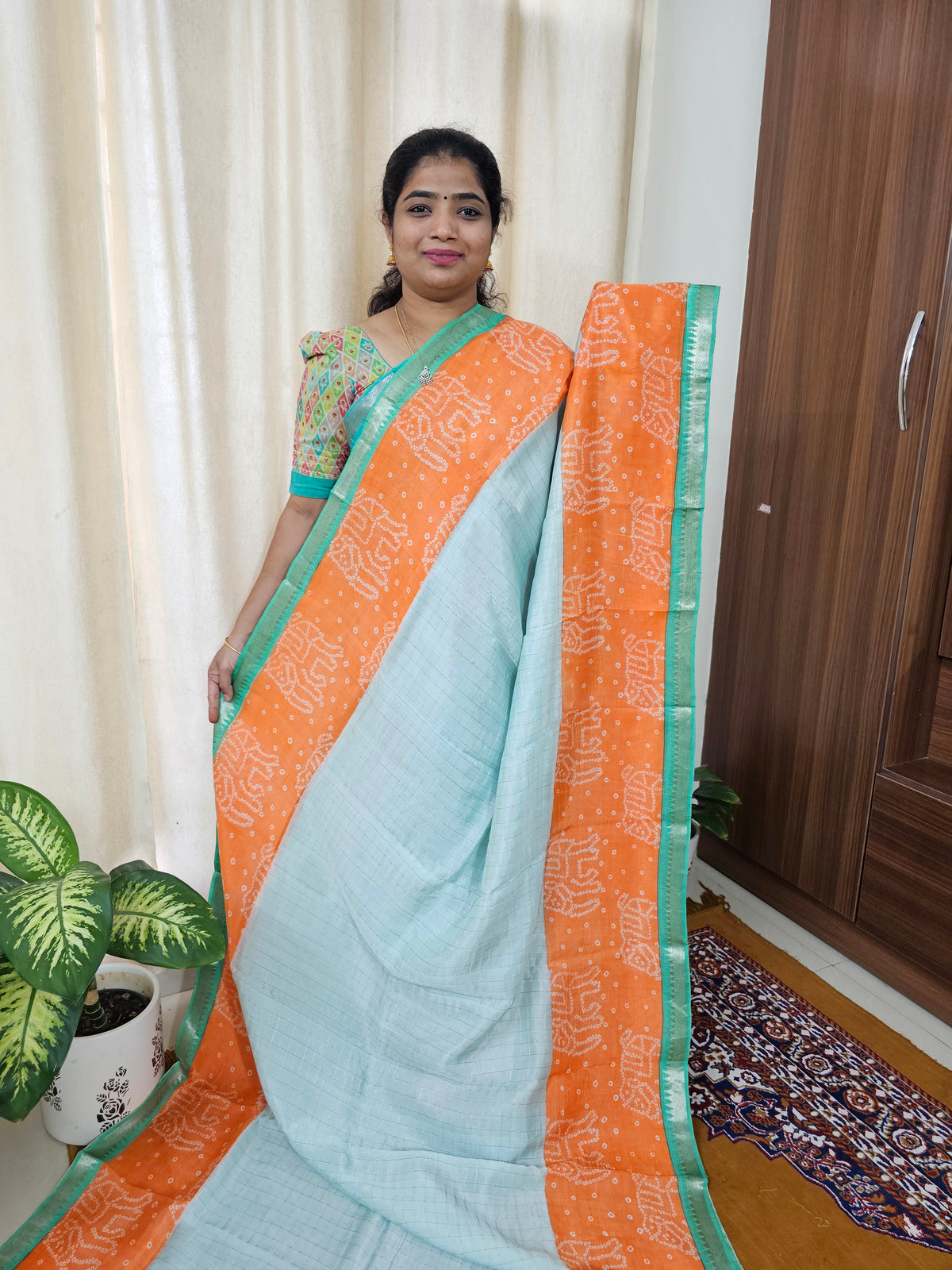 Handwoven Mangalagiri Pattu Saree with Bandhini Digital Prints  - Sea Green with Orange