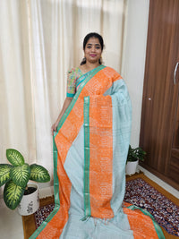 Handwoven Mangalagiri Pattu Saree with Bandhini Digital Prints  - Sea Green with Orange