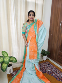 Handwoven Mangalagiri Pattu Saree with Bandhini Digital Prints  - Sea Green with Orange