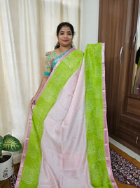 Handwoven Mangalagiri Pattu Saree with Bandhini Digital Prints  - Lotus Pink with Parrot Green