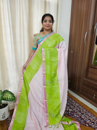 Handwoven Mangalagiri Pattu Saree with Bandhini Digital Prints  - Lotus Pink with Parrot Green