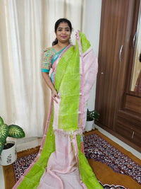 Handwoven Mangalagiri Pattu Saree with Bandhini Digital Prints  - Lotus Pink with Parrot Green