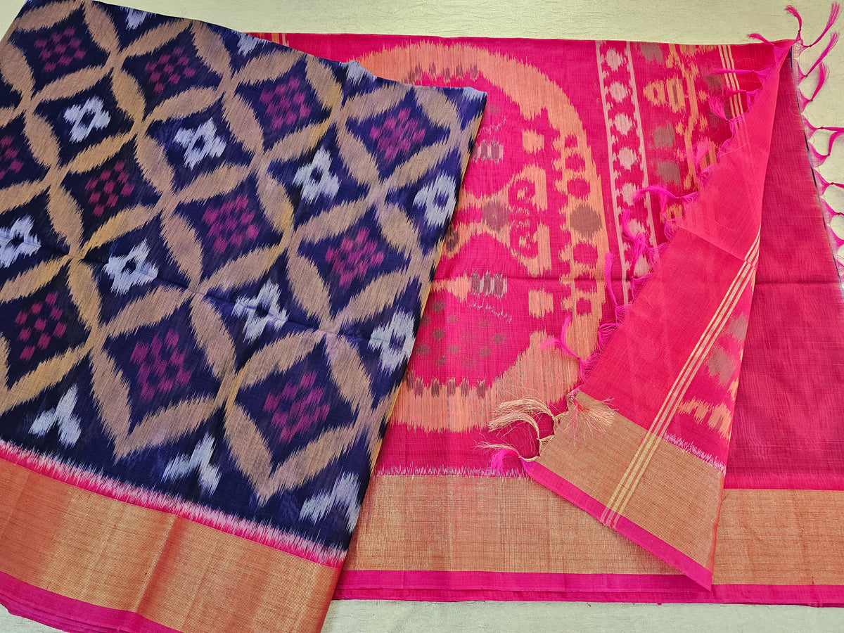 Blue with Pink Pochampally Ikkat Silk Cotton (SICO Pattu)