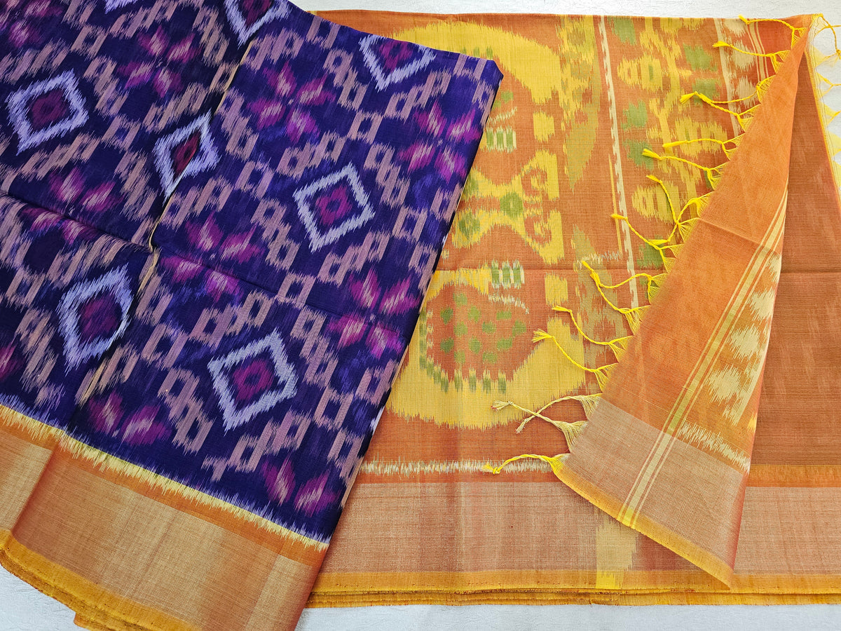 Violet with Mustard Yellow Pochampally Ikkat Silk Cotton (SICO Pattu)