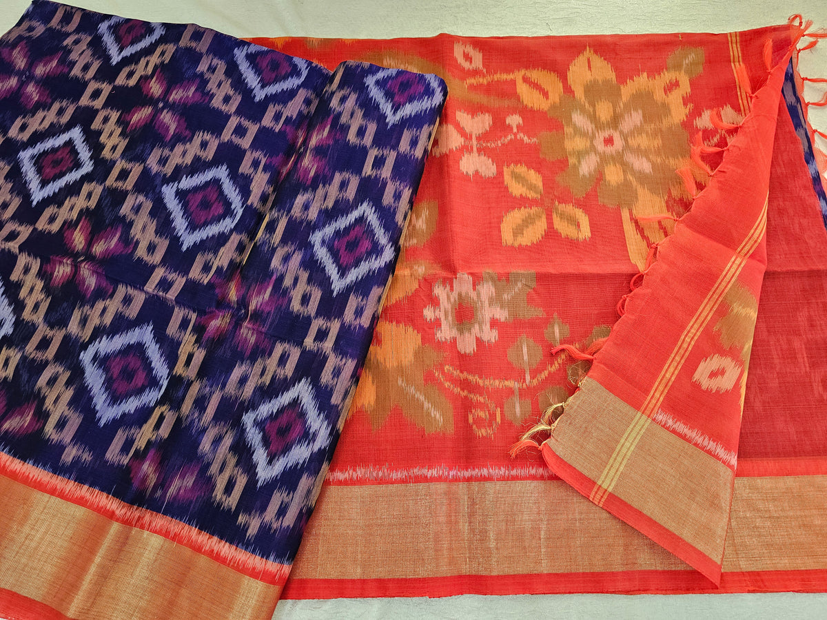 Violet with Orange Pochampally Ikkat Silk Cotton (SICO Pattu)