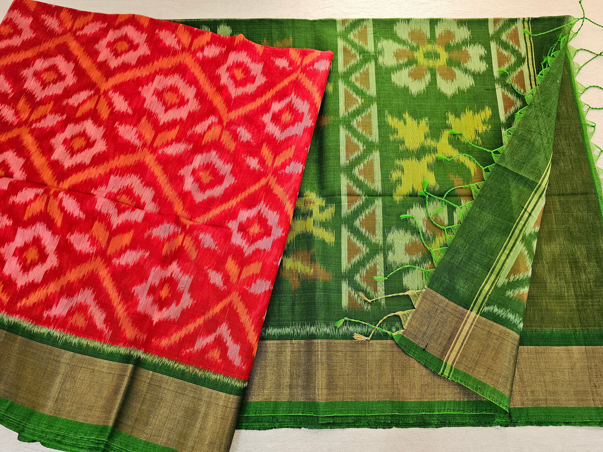 Reddish Orange with Green  Pochampally Ikkat Silk Cotton (SICO Pattu)