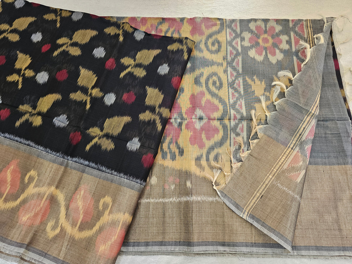 Black with Grey Pochampally Ikkat Silk Cotton (SICO Pattu)