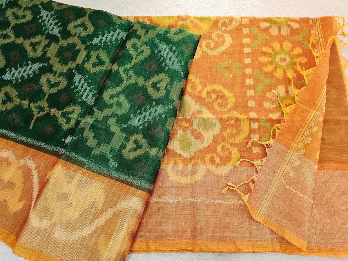 Bottle Green with Yellow Pochampally Ikkat Silk Cotton (SICO Pattu)