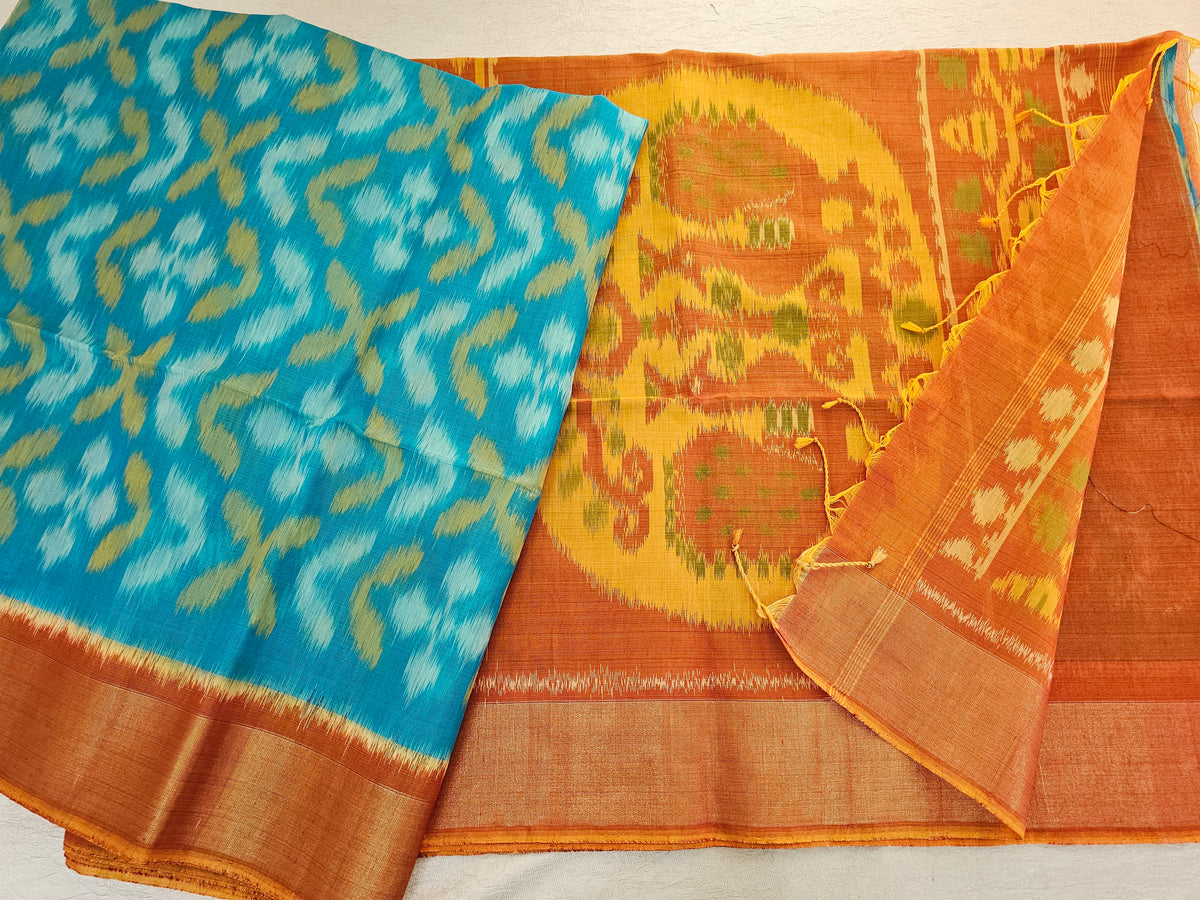 Blue with Mustard Yellow Pochampally Ikkat Silk Cotton (SICO Pattu)