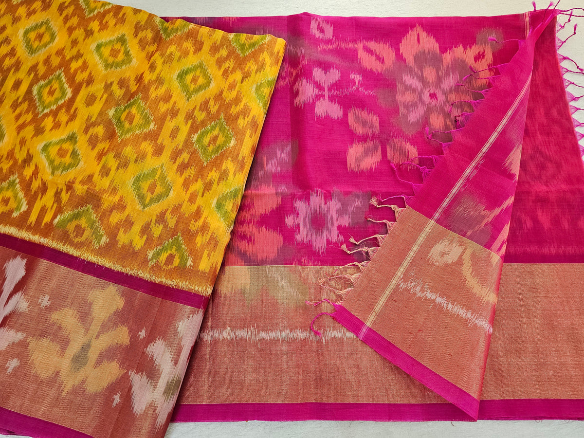 Dual Shade Yellowish Orange with Pink Pochampally Ikkat Silk Cotton (SICO Pattu)