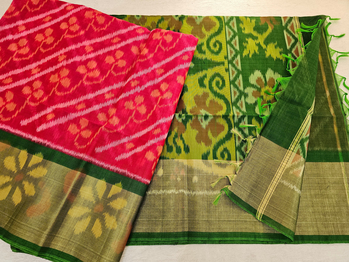 Dark Pink with Green Pochampally Ikkat Silk Cotton (SICO Pattu)