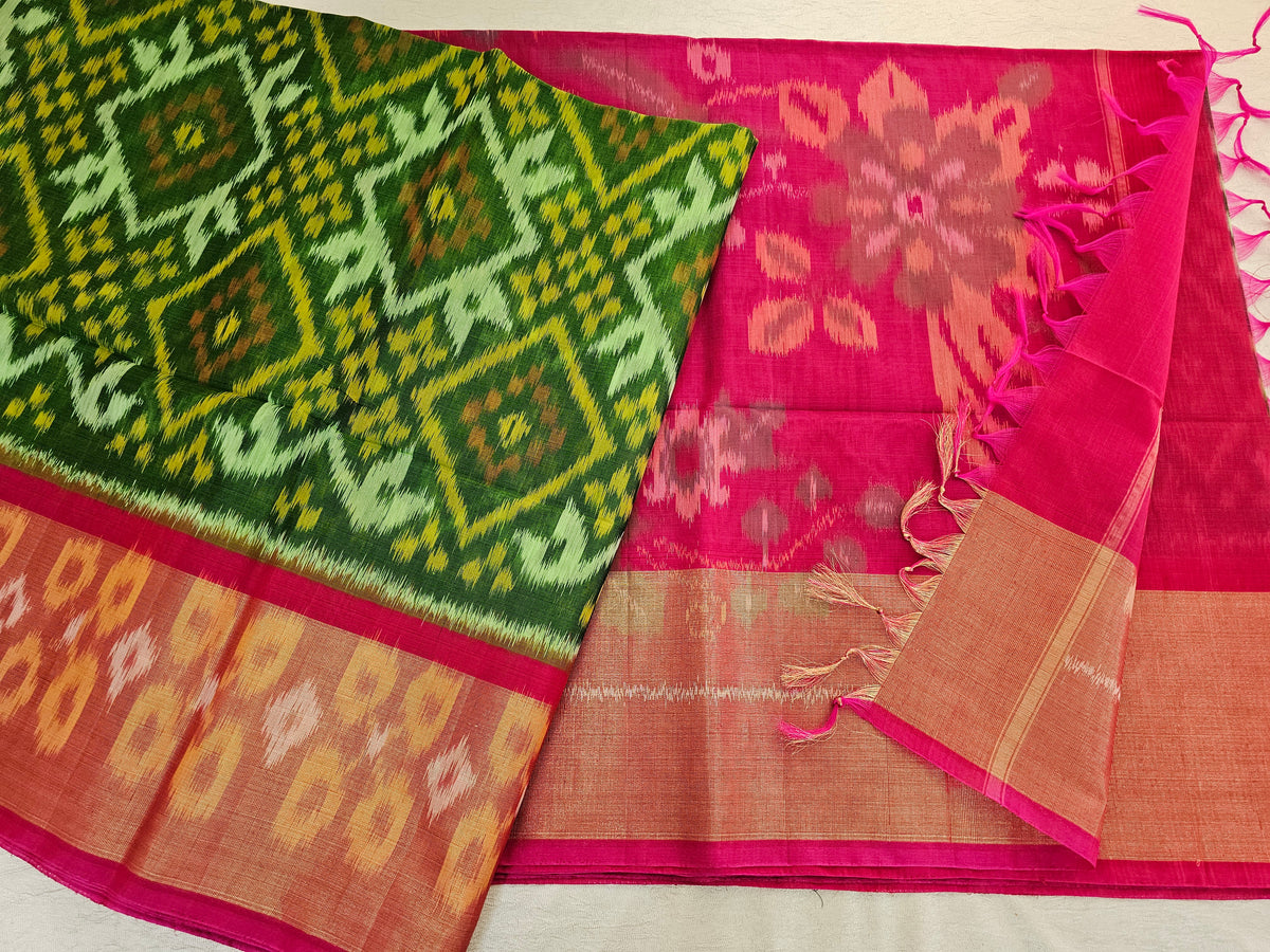 Green with Pink Pochampally Ikkat Silk Cotton (SICO Pattu)