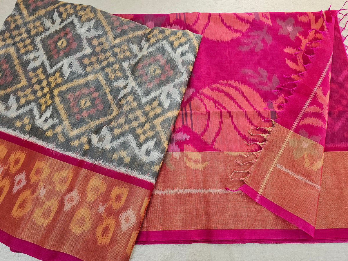 Grey with Pink Pochampally Ikkat Silk Cotton (SICO Pattu)