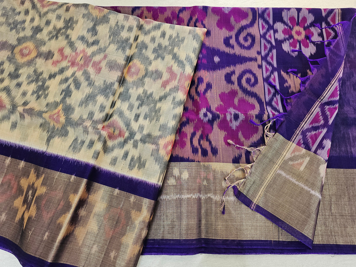 Cream with Violet Pochampally Ikkat Silk Cotton (SICO Pattu)