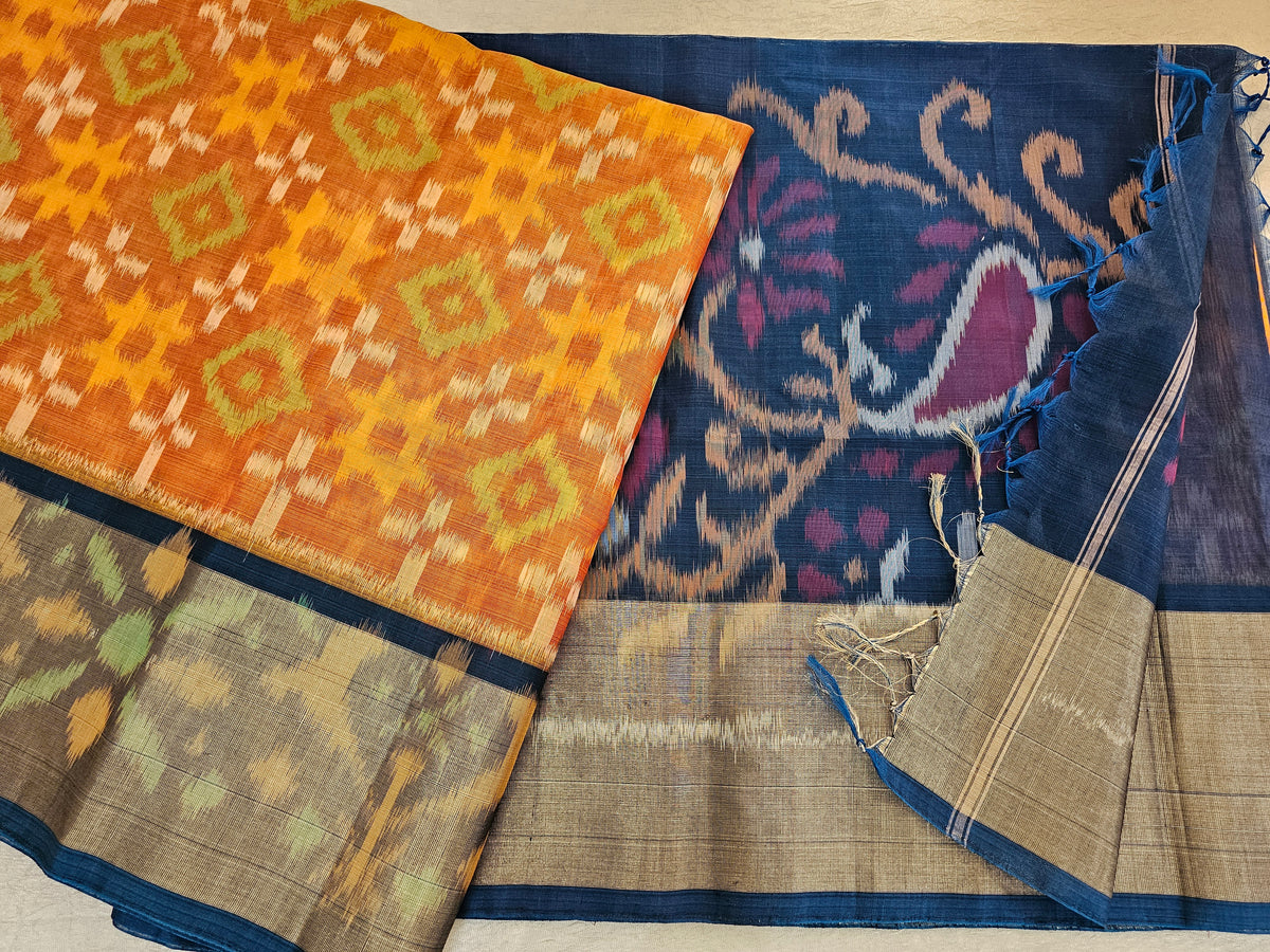 Orange with Peacock Blue Pochampally Ikkat Silk Cotton (SICO Pattu)