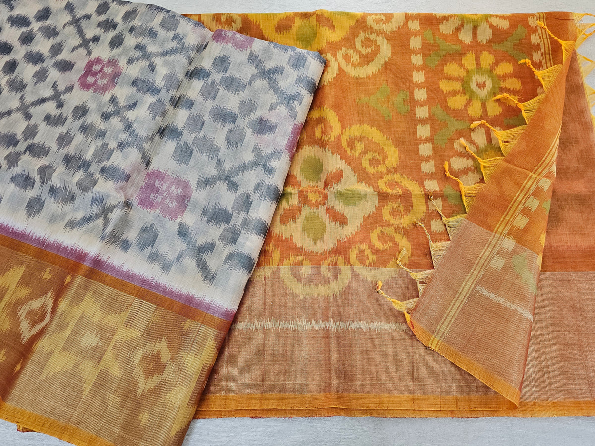 Cream with Mustard Yellow Pochampally Ikkat Silk Cotton (SICO Pattu)