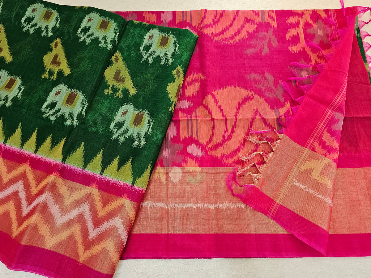 Bottle Green with Pink Pochampally Ikkat Silk Cotton (SICO Pattu)