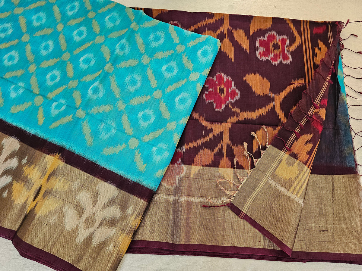 Blue with Brown Pochampally Ikkat Silk Cotton (SICO Pattu)