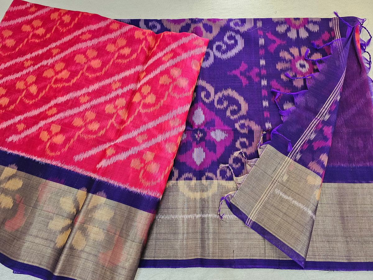 Dark Pink with Violet  Pochampally Ikkat Silk Cotton (SICO Pattu)