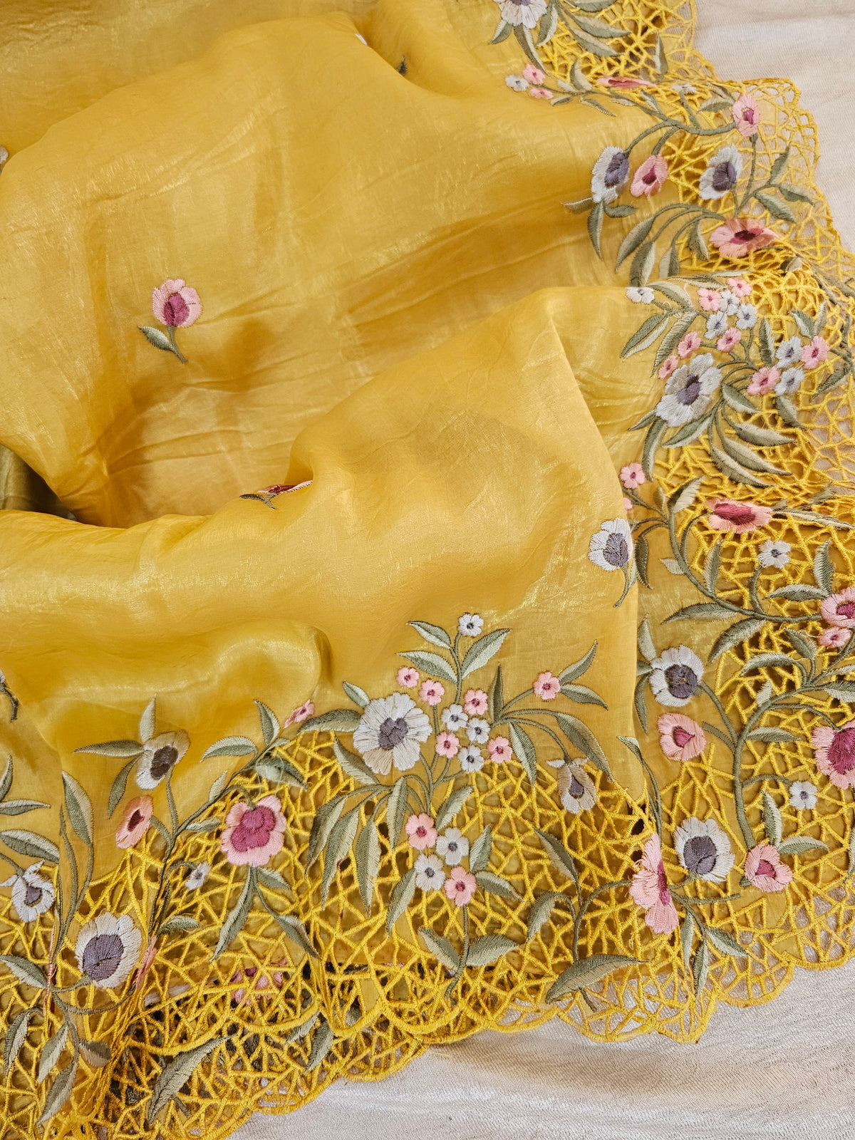 Premium Crushed Designer Soft Saree  -  Yellow