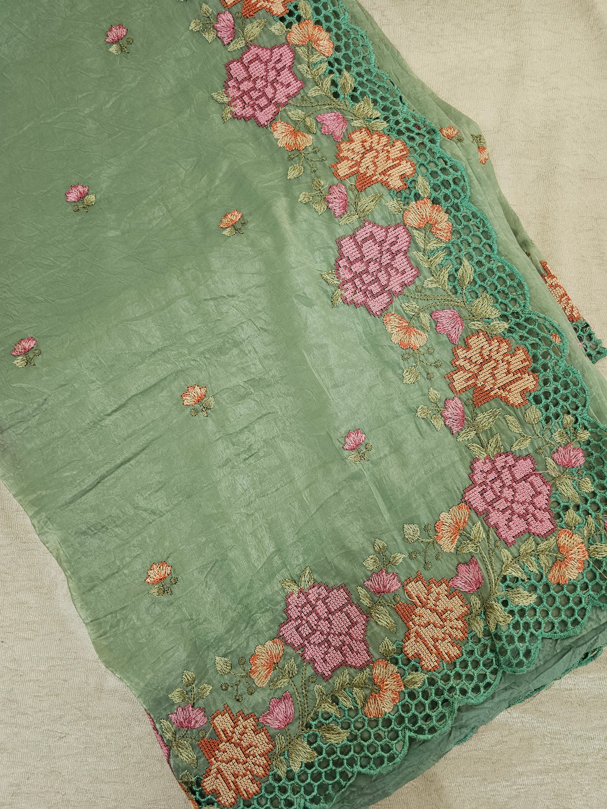 Premium Crushed Designer Soft Saree  -  Green