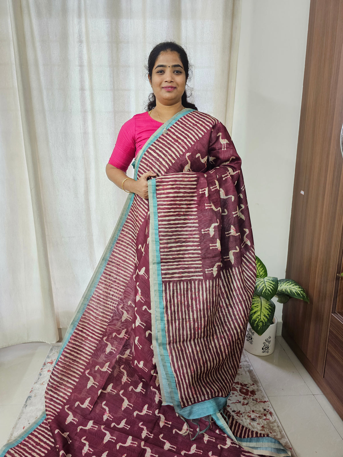 Semi Ghicha Flamingo Printed Saree -Maroon with Blue