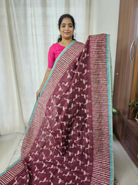 Semi Ghicha Flamingo Printed Saree -Maroon with Blue