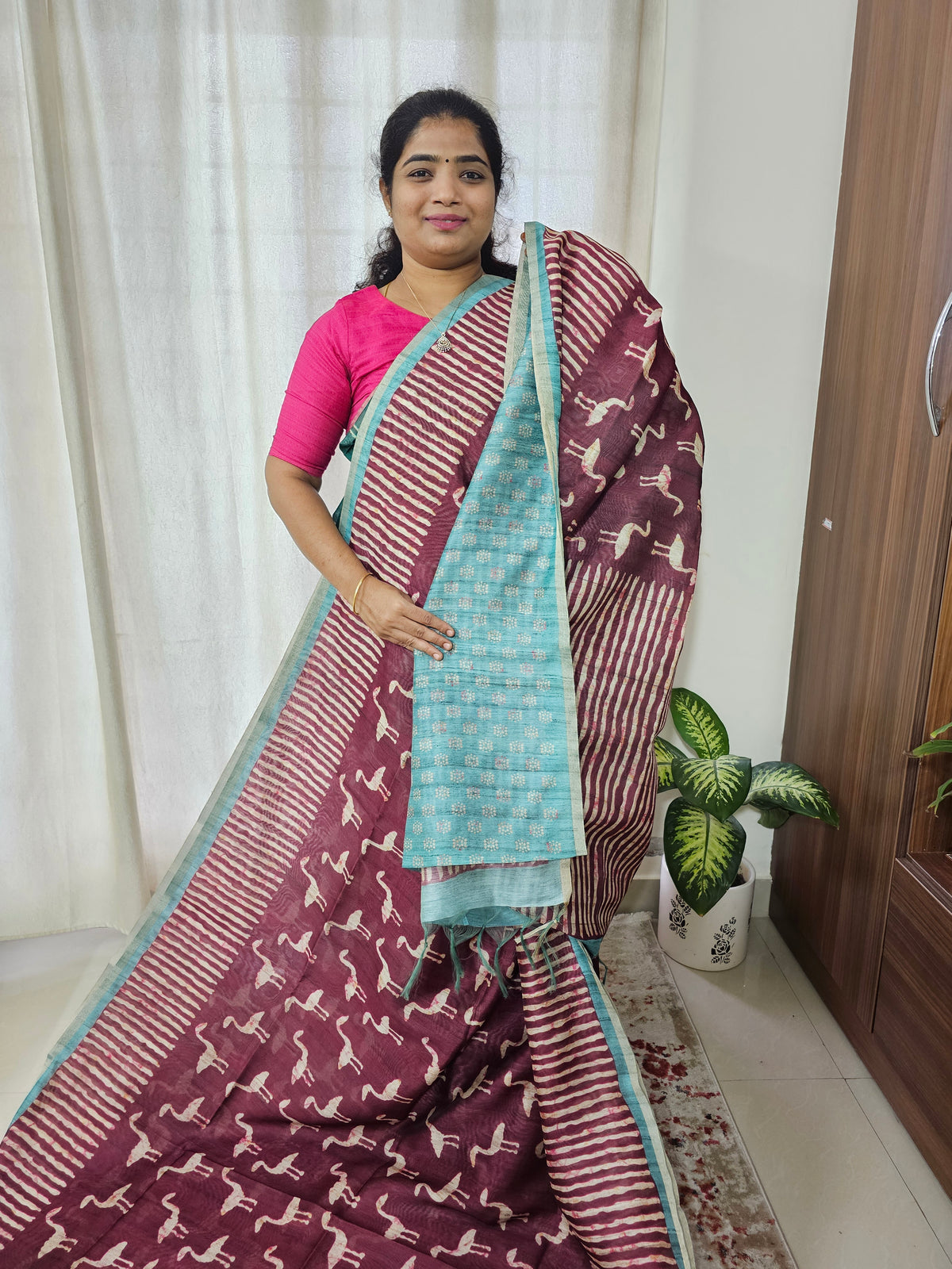 Semi Ghicha Flamingo Printed Saree -Maroon with Blue