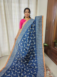 Semi Ghicha Flamingo Printed Saree - Blue with Brown