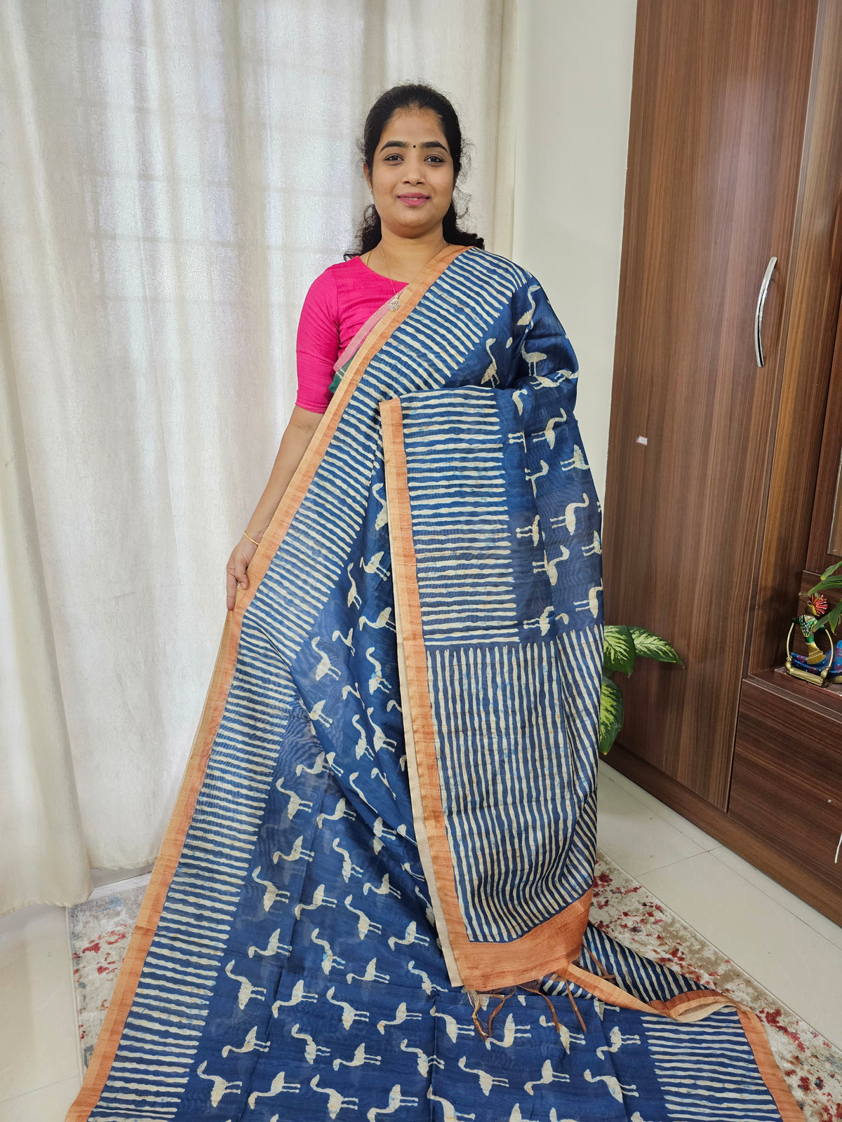 Semi Ghicha Flamingo Printed Saree - Blue with Brown