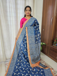 Semi Ghicha Flamingo Printed Saree - Blue with Brown